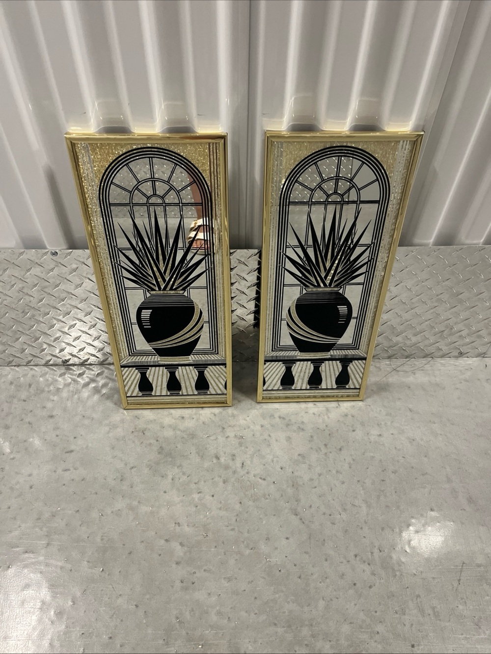 Vintage 80’s Gold Black Plant Vase Etched Mirrors Wall Art Pair Wall Decor - Picture 2 of 11
